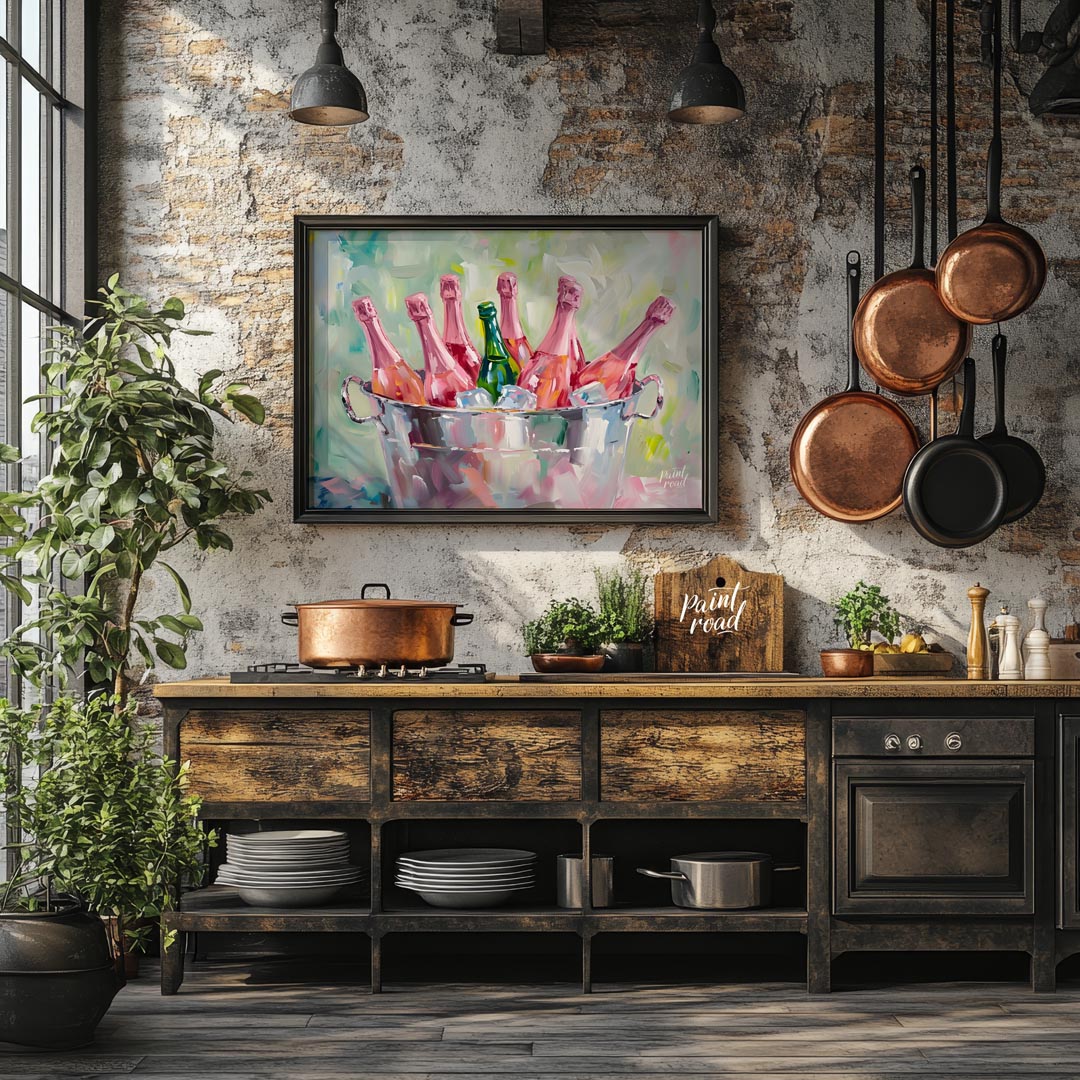 A vibrant and inviting oil painting capturing a collection of pink champagne bottles chilling in a … for kitchen