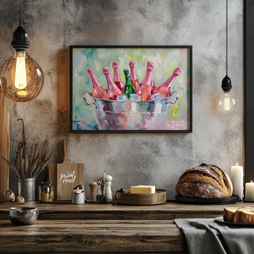 A vibrant and inviting oil painting capturing a collection of pink champagne bottles chilling in a … for kitchen