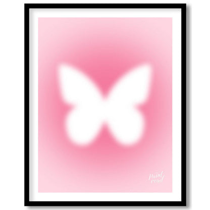 This ethereal and minimalist art print features a soft, glowing white silhouette of a butterfly, se… for area