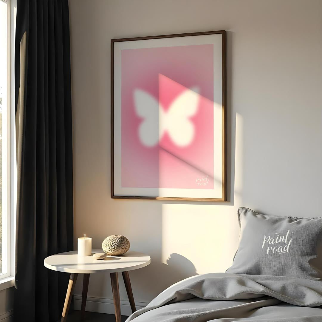 This ethereal and minimalist art print features a soft, glowing white silhouette of a butterfly, se… for bedroom