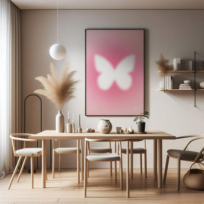 This ethereal and minimalist art print features a soft, glowing white silhouette of a butterfly, se… for dining room