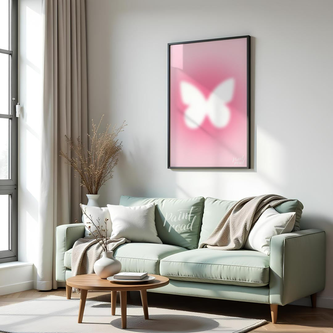 This ethereal and minimalist art print features a soft, glowing white silhouette of a butterfly, se… for living room