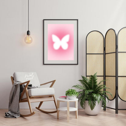 This ethereal and minimalist art print features a soft, glowing white silhouette of a butterfly, se… for living room