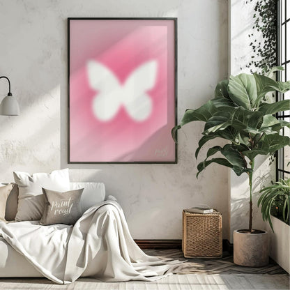 This ethereal and minimalist art print features a soft, glowing white silhouette of a butterfly, se… for living room