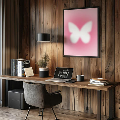 This ethereal and minimalist art print features a soft, glowing white silhouette of a butterfly, se… for office