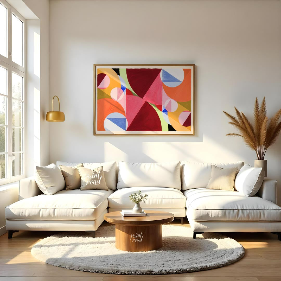 This charming and cheerful image features a dense, repeating pattern of stylized daisy flowers in v… for living room