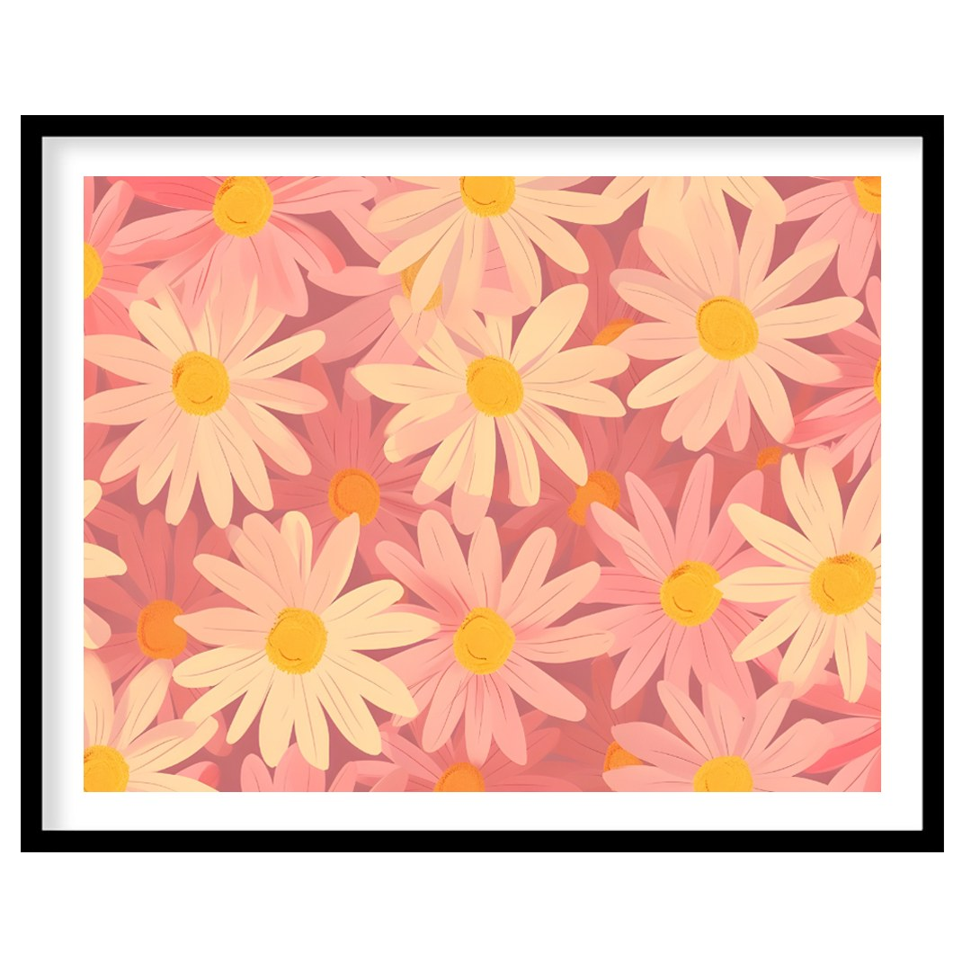 This charming and cheerful image features a dense, repeating pattern of stylized daisy flowers in v… for sweet home