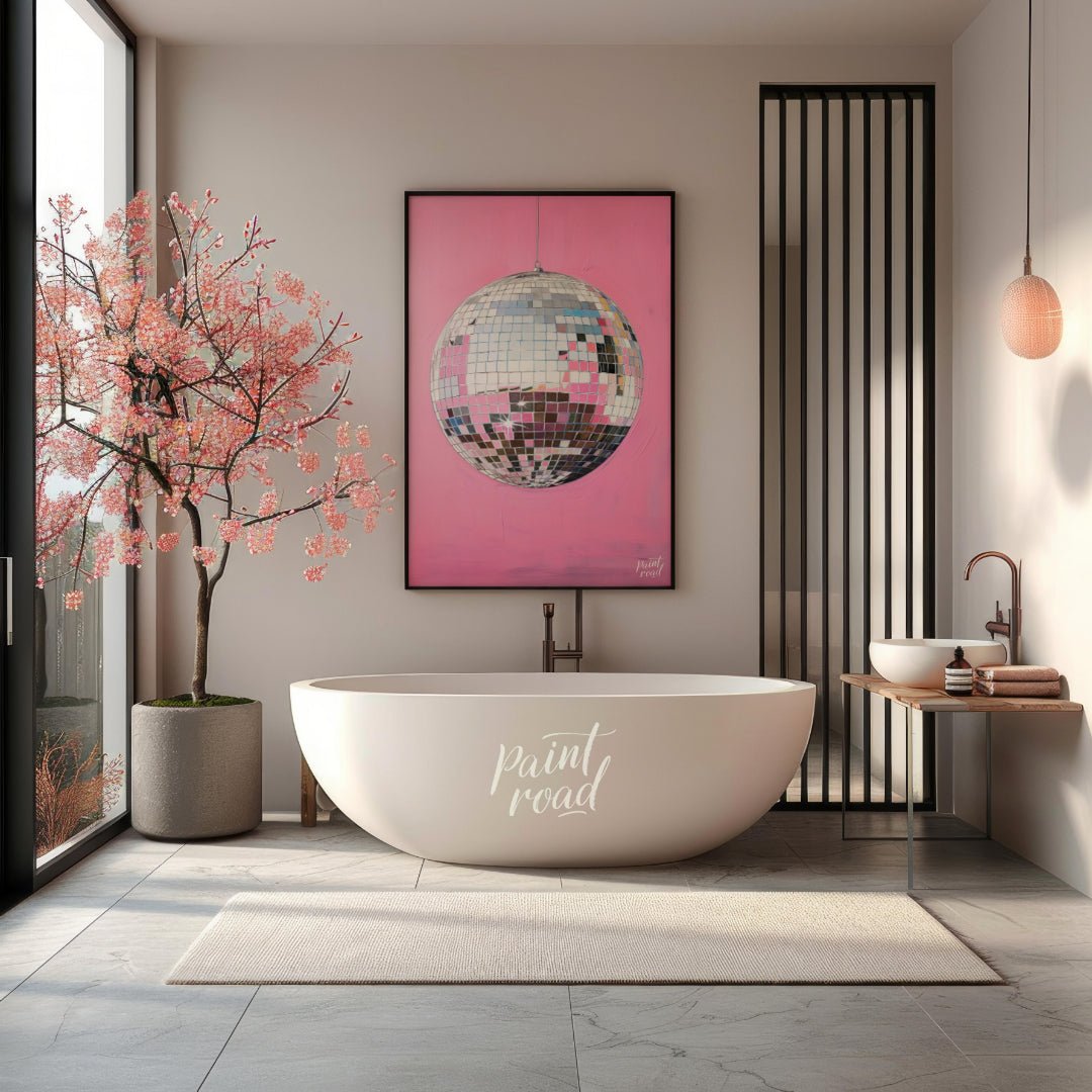 "Pink Disco" presents a striking image of a mirrored disco ball against a vibrant pink background. … for bathroom