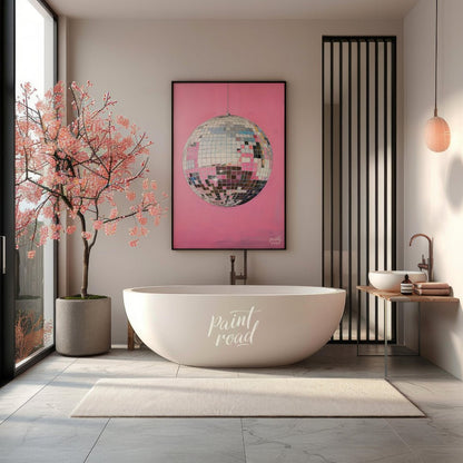 "Pink Disco" presents a striking image of a mirrored disco ball against a vibrant pink background. … for bathroom