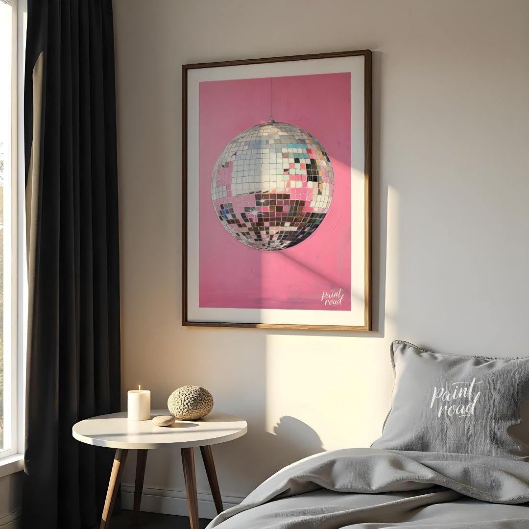 "Pink Disco" presents a striking image of a mirrored disco ball against a vibrant pink background. … for bedroom