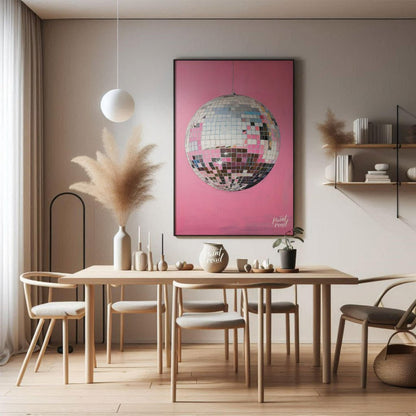 "Pink Disco" presents a striking image of a mirrored disco ball against a vibrant pink background. … for dining room
