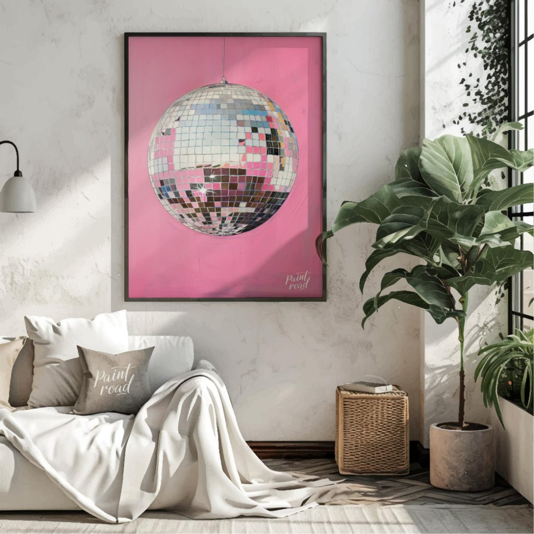 "Pink Disco" presents a striking image of a mirrored disco ball against a vibrant pink background. … for living room