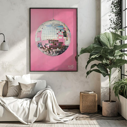 "Pink Disco" presents a striking image of a mirrored disco ball against a vibrant pink background. … for living room