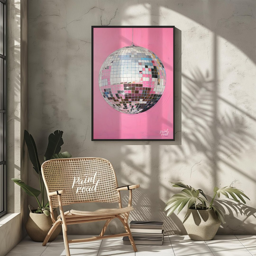 "Pink Disco" presents a striking image of a mirrored disco ball against a vibrant pink background. … for living room