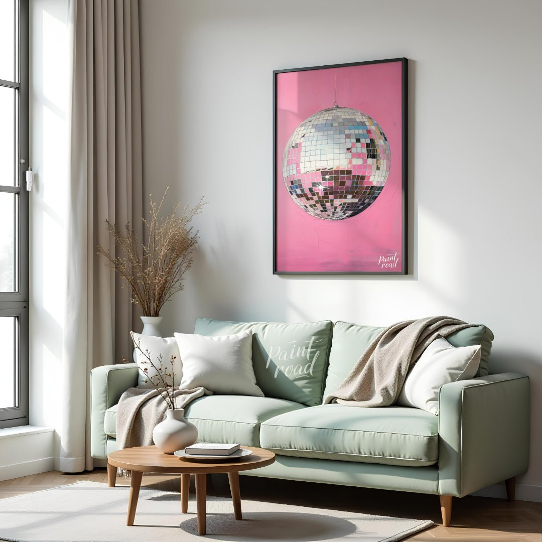 "Pink Disco" presents a striking image of a mirrored disco ball against a vibrant pink background. … for living room