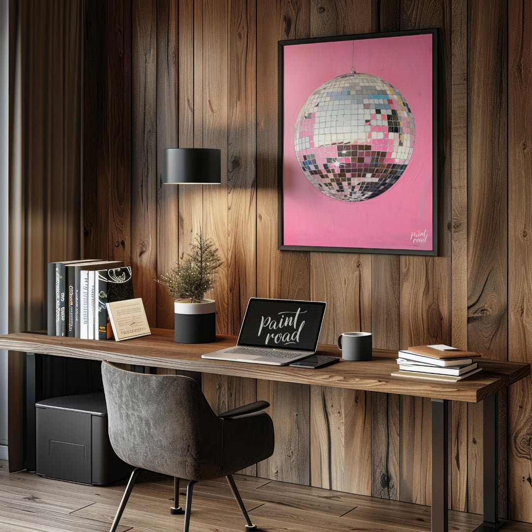 "Pink Disco" presents a striking image of a mirrored disco ball against a vibrant pink background. … for office