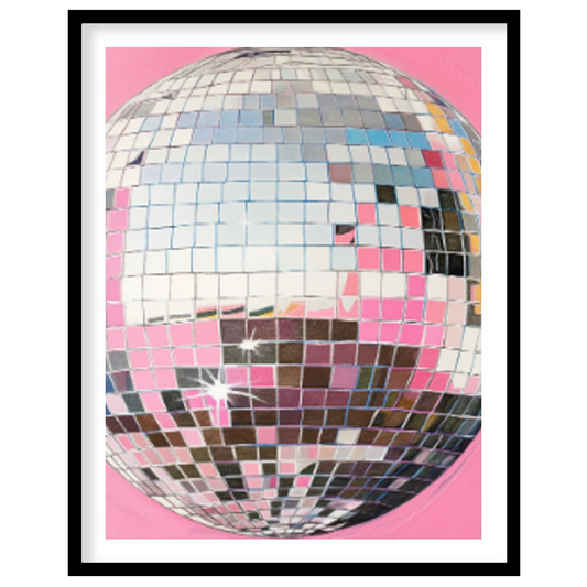 "Pink Disco" presents a striking image of a mirrored disco ball against a vibrant pink background. … for sweet home