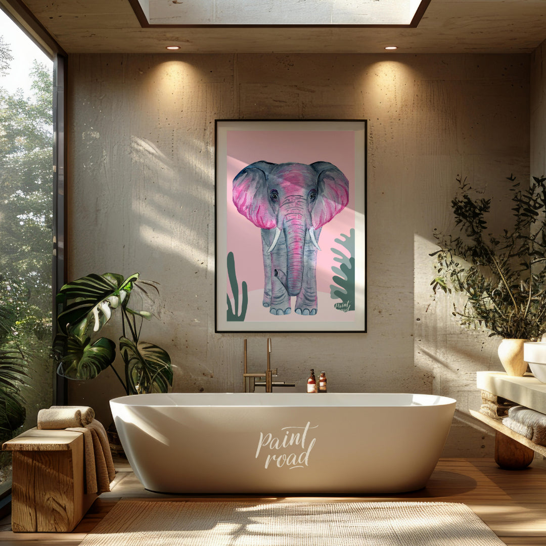 This charming watercolor painting features an elephant rendered in soft shades of gray with strikin… for bathroom