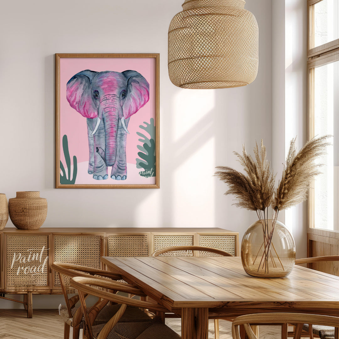 This charming watercolor painting features an elephant rendered in soft shades of gray with strikin… for dining room