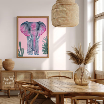 This charming watercolor painting features an elephant rendered in soft shades of gray with strikin… for dining room