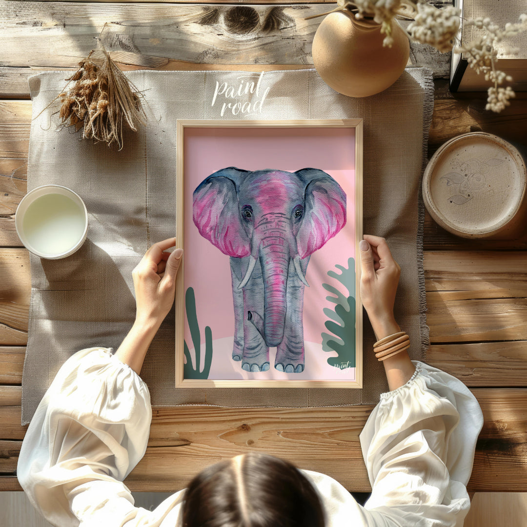 This charming watercolor painting features an elephant rendered in soft shades of gray with strikin… for dining room