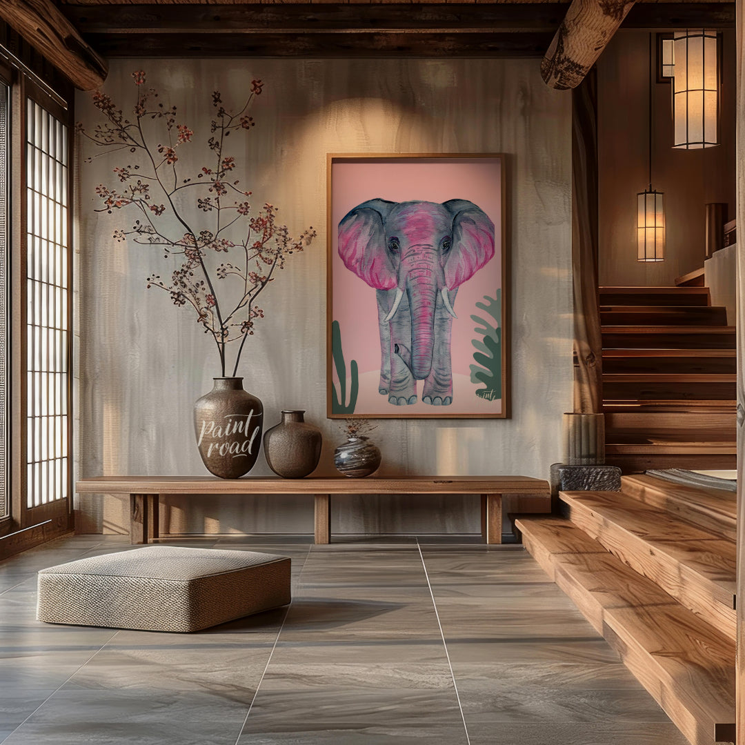This charming watercolor painting features an elephant rendered in soft shades of gray with strikin… for entryway