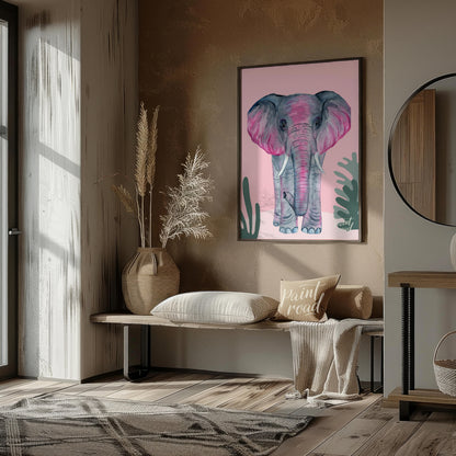 This charming watercolor painting features an elephant rendered in soft shades of gray with strikin… for entryway