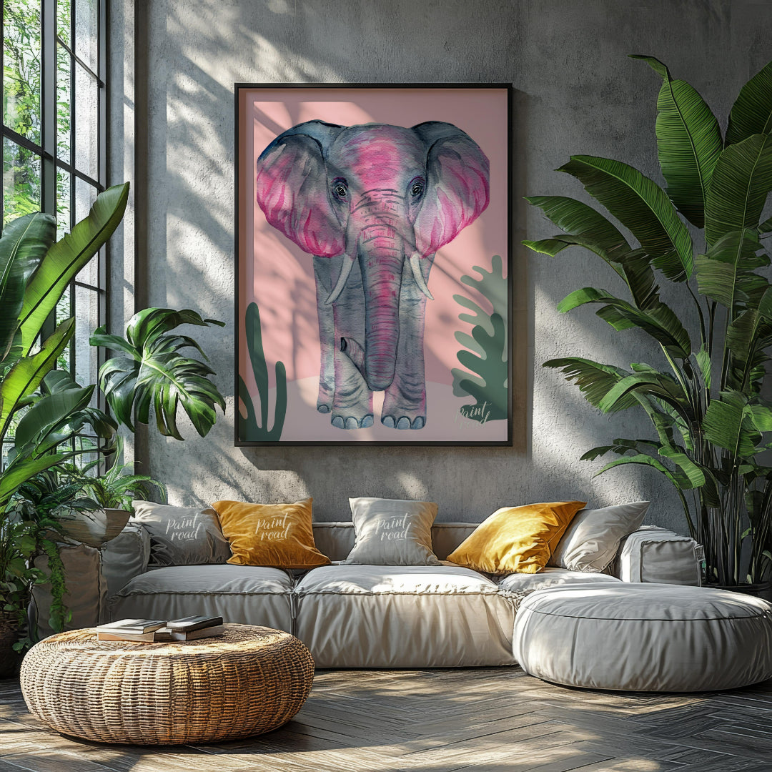 This charming watercolor painting features an elephant rendered in soft shades of gray with strikin… for living room