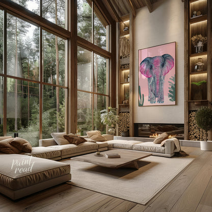 This charming watercolor painting features an elephant rendered in soft shades of gray with strikin… for living room