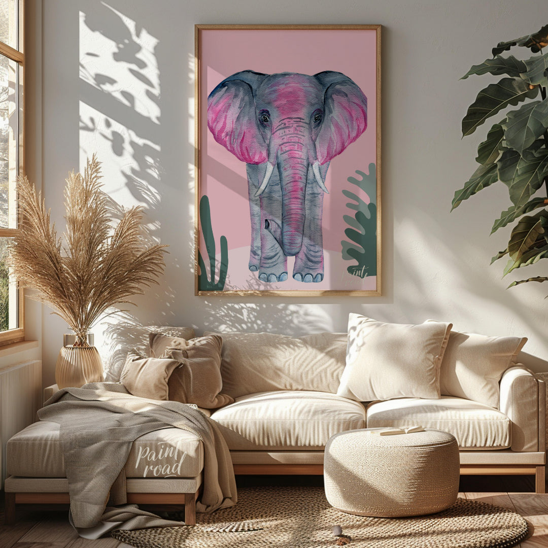 This charming watercolor painting features an elephant rendered in soft shades of gray with strikin… for living room