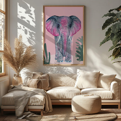 This charming watercolor painting features an elephant rendered in soft shades of gray with strikin… for living room