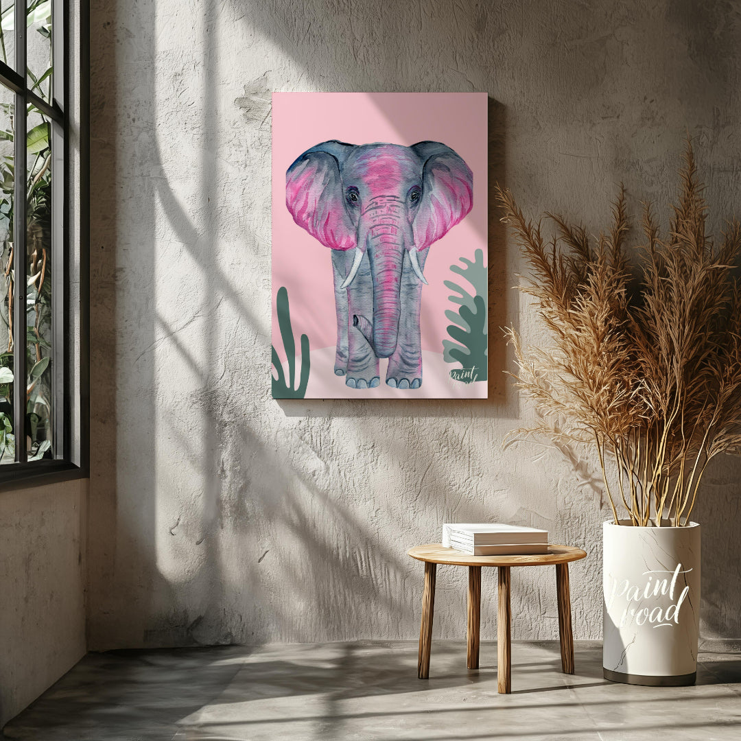 This charming watercolor painting features an elephant rendered in soft shades of gray with strikin… for other