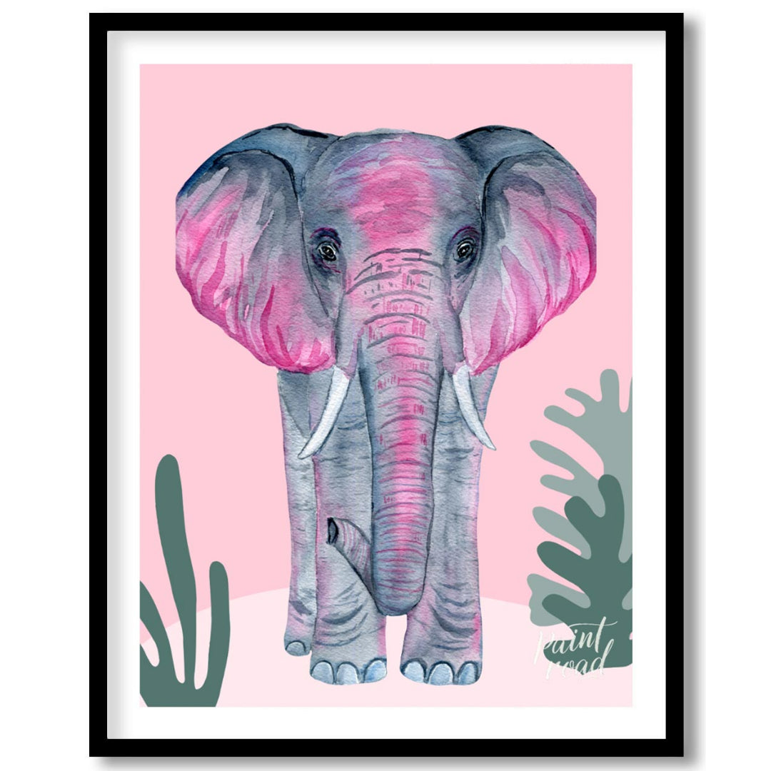 This charming watercolor painting features an elephant rendered in soft shades of gray with strikin… for room