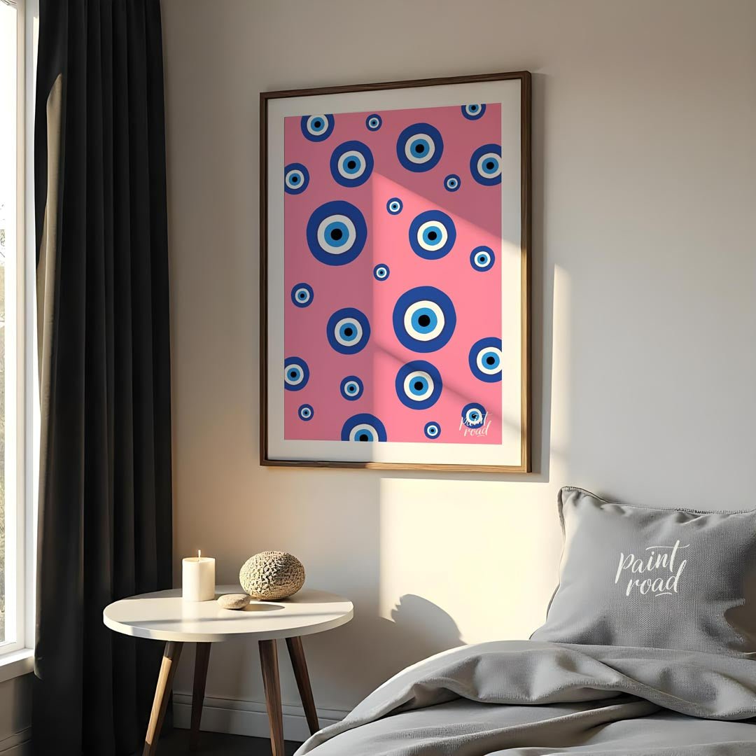 Pink Evil Eye Painting available online at Paintroad showing aesthetic bathroom and blue