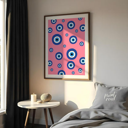 Pink Evil Eye Painting available online at Paintroad showing aesthetic bathroom and blue