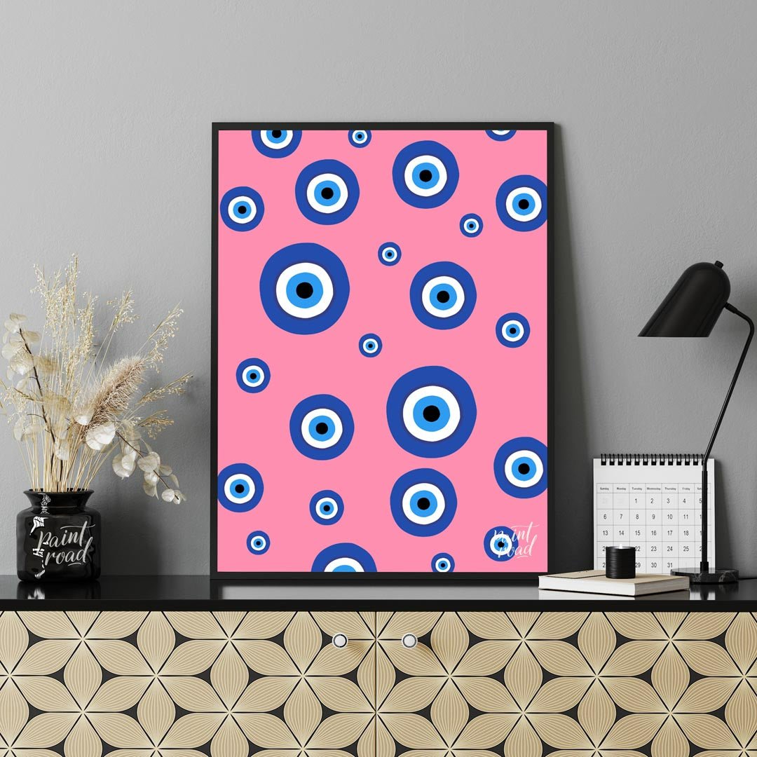Pink Evil Eye Painting available online at Paintroad showing aesthetic bathroom and blue