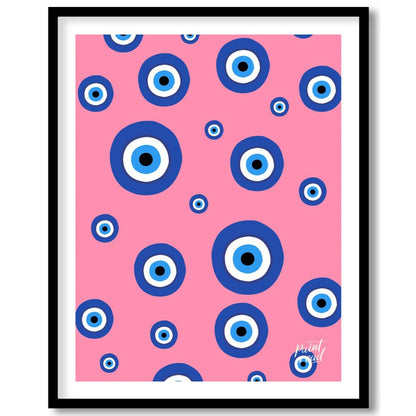 Pink Evil Eye Painting available online at Paintroad showing aesthetic bathroom and blue