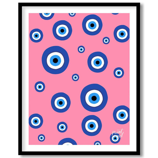 Pink Evil Eye Painting available online at Paintroad showing aesthetic bathroom and blue