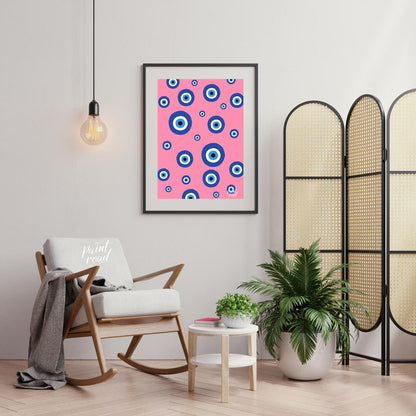 Pink Evil Eye Painting available online at Paintroad showing aesthetic bathroom and blue