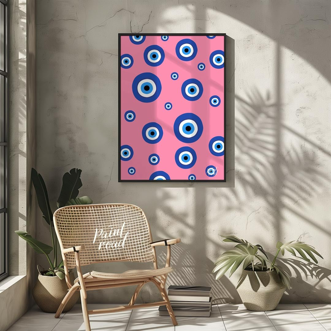 Pink Evil Eye Painting available online at Paintroad showing aesthetic bathroom and blue
