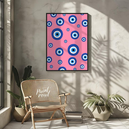 Pink Evil Eye Painting available online at Paintroad showing aesthetic bathroom and blue