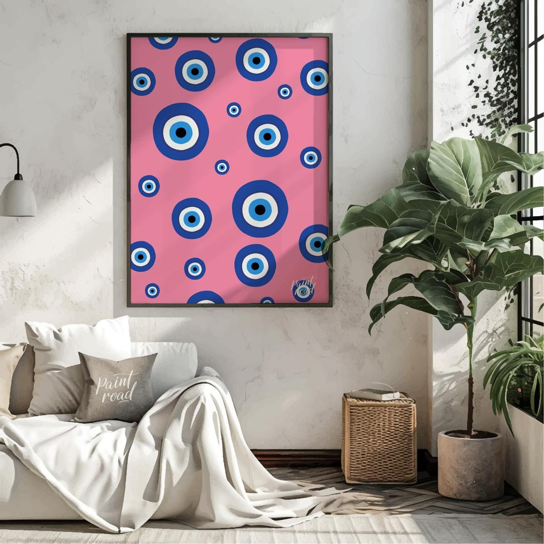 Pink Evil Eye Painting available online at Paintroad showing aesthetic bathroom and blue