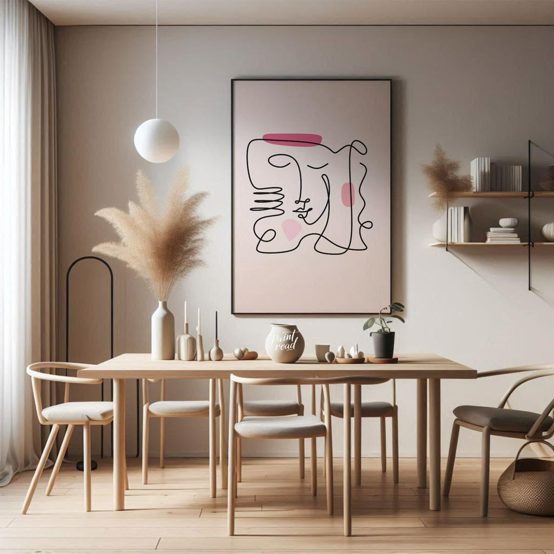 This elegant and minimalist art print features a captivating abstract face rendered through a conti… for dining room