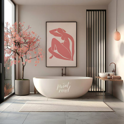 This minimalist and elegant artwork features a graceful silhouette of a female figure rendered in a… for bathroom