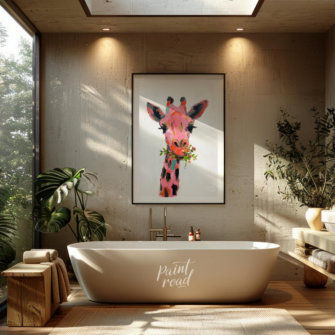 This whimsical painting features a giraffe rendered in a playful palette of pinks, oranges, and bla… for bathroom