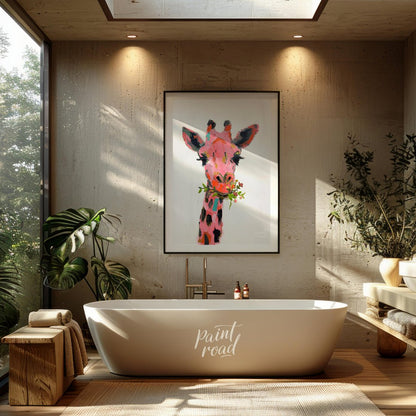 This whimsical painting features a giraffe rendered in a playful palette of pinks, oranges, and bla… for bathroom