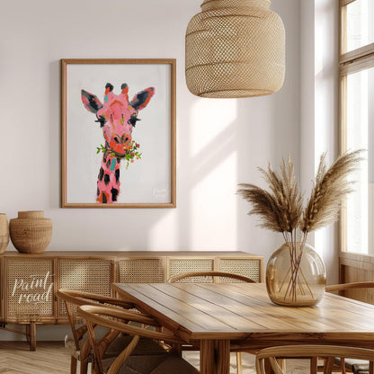 This whimsical painting features a giraffe rendered in a playful palette of pinks, oranges, and bla… for dining room