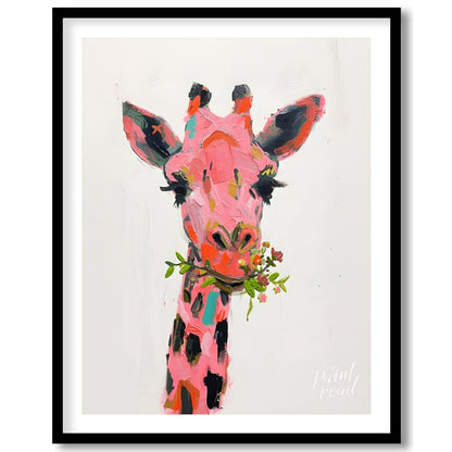 This whimsical painting features a giraffe rendered in a playful palette of pinks, oranges, and bla… for home