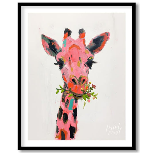 This whimsical painting features a giraffe rendered in a playful palette of pinks, oranges, and bla… for home