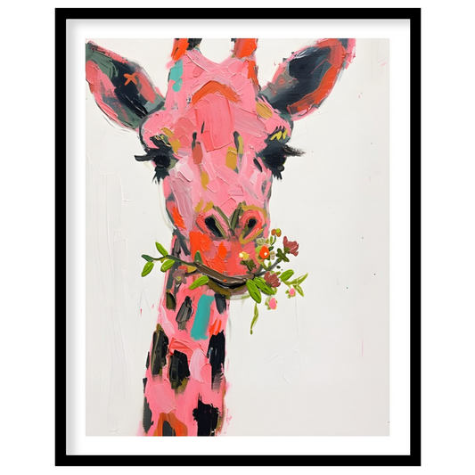 This whimsical painting features a giraffe rendered in a playful palette of pinks, oranges, and bla… for home